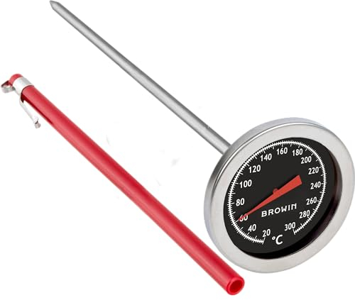 BROWIN® 101900 Thermomètre de cuisson analogique en acier inoxydable avec étui 20-300 °C Thermomètre de cuisson pour viande, liquide, graisse, lait pour bébé, pour four, barbecue, barbecue
