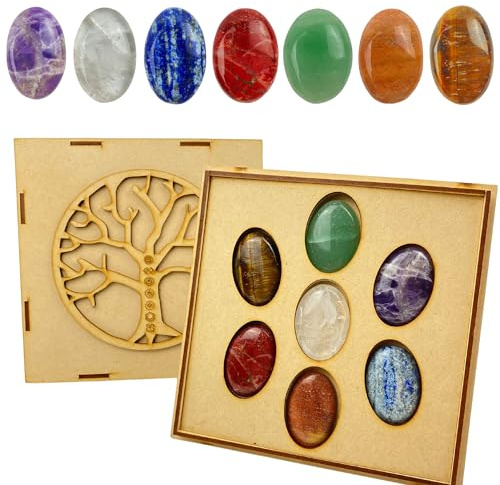 Chakra XXL Edelstein-Set mit den 7 wichtigsten Steinen mit Geschenk Holzbox Baum des Lebens 100% Naturstein mit Gravur 3x4cm (Steine ohne Gravur)