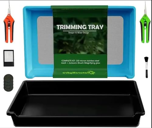 Mayaadi-Home Trim-Bin Bac de coupe rectangulaire pour pollen et herbes 2 en 1 avec tamis sec 150 microns, 2 ciseaux et brosse (bleu)