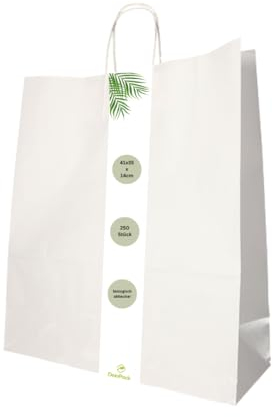 DeinPack 250 x Papiertüten 41 x 35 x 14 cm weiß Umweltschonende Papier Tragetaschen groß I Papiertüten Geschenktüten Papiertragetaschen biologisch abbaubar, kompostierbar