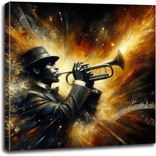 Leinwandbild cooler Jazz Musiker mit Saxophon/Trompete, goldene Elemente - Premium Druck auf Leinwand, verschiedene Formate (Trompete, 60 x 60 cm)