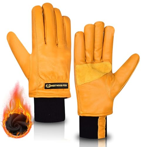 WESTWOOD FOX Waterproof Work Gloves for Men Women, Leather Safety Work Gloves, winter Gloves for Cold weather Gardening,Touchscreen,Super Grip,Warm Utility working Gloves for Construction (Yellow, S)