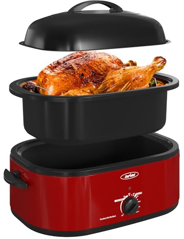 Sunvivi Electric Roaster,20 Quart Roasting Oven with Self-Basting Lid Removable Pan,Turkey Roaster Oven with 150 to 450F Temperature Control Cool-Touch Handles,Red
