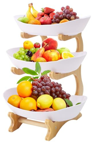 FAMKIT Présentoir à fruits à 3 étages,Corbeille à fruits en plastique,avec support en bois résistant,Panier de Fruits et Legumes,corbeille fruit,pour légumes, fruits,Pain,collations