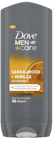 Dove Men+Care Sandalwood + Vanilla 3-in-1 Hair, Face and Body Wash Body Cleanser shower gel with MicroMoisture technology for 24 hour nourishment 400 ml