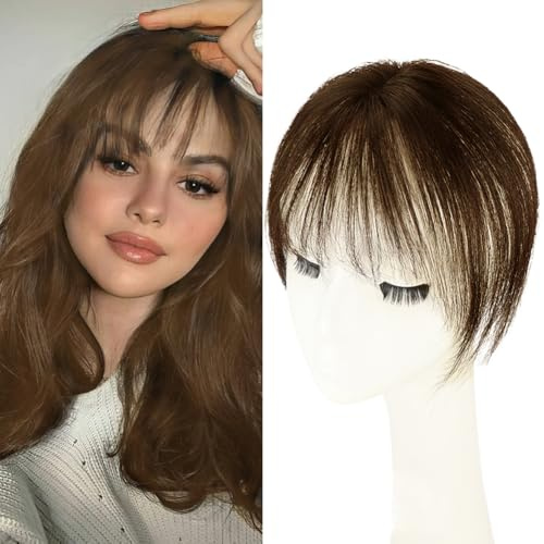Pony Haarteil, Clip in Pony Echthaar,Dünner Fringe Bangs Extensions,One Piece Pony Haarteil,Clip in Human Hair Verlängerung für Frauen-Mokkabraun