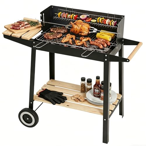 Charcoal BBQ Grill, Trolley Barbecue with Warming Rack & Rotisserie Spit