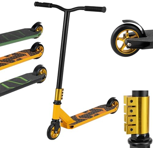 GYMAX Patinete de Acrobacias, Patinete 2 Ruedas con Barra T Metálica Reforzada, Cubierta de Aleación Ligero, Rodamientos ABEC-7, Patinete para Trucos para Niños de 10 Años, Adolescentes (Amarillo)