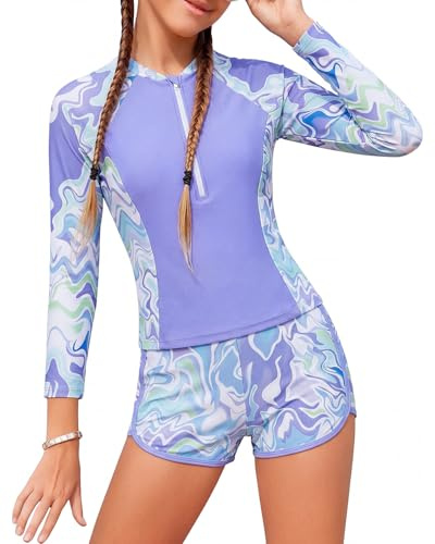 DivingBirds Badeanzug Mädchen mit Soft-Pads Kinder Zweiteiler Langarm Schwimmanzug Mädchen Teenager Verstellbare Träger UV Badebekleidung, Lila 12-13 Jahre (152-158)