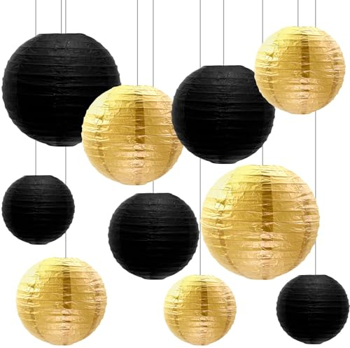 Dcsfadq 10 Stück Papierlaterne Set, Hängende Lampion Wiederverwendbare Lampions Deko, Party Deko für Hochzeit, Gartenpartys, Geburtstag (Schwarz/Gold)