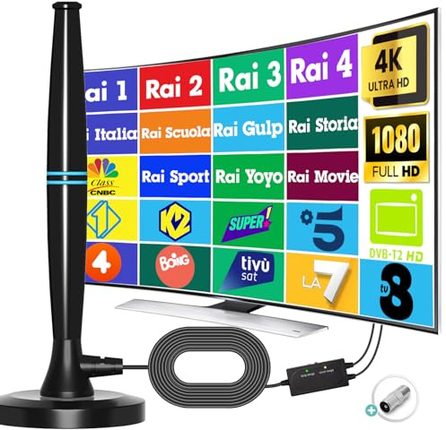 2025 Antenna TV Interna, Digitale Antenna per Smart TVs(DVB-T2), Supporta 4K/1080P, con Amplificatore potente e Cavo Coassiale 5 m