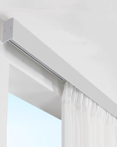 ENHEN Curtain Track 7.7cm Height Curtain Pelmet Panel with Single Track, Venetian Blinds Roller Blins Cornice Boards Frame, Window Cassette Cover Kit for Bay Window/Room Partition(3.7m/146in/12.1ft)