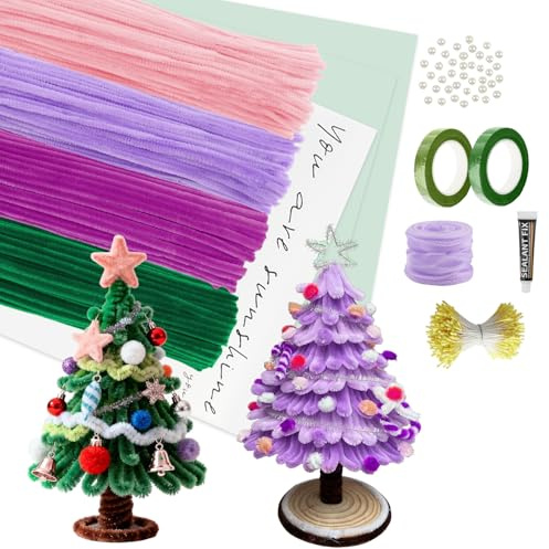 Tulip Bouquet Pipe Cleaner Set 400 Piezas Limpiapipas Manualidades 4 Colores Limpiador Pipas Alambre de Chenilla con Tallo Floral,Cinta Flores,Cinta Adhesiva,Papel de Embalaje,Parche Perlas,Pegamento