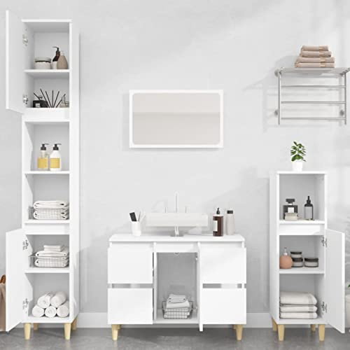 Gecheer Set Mobili da Bagno 3 Pezzi, Mobile Lavabo 80 cm con Armadietto Alto 190 cm e Armadietto Basso 100 cm in Legno Multistrato ed Eucalipto Bianco, per Bagno
