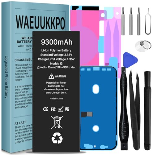 WAEUUKKPO Batterie pour iPhone 13, (2026 Nouvelle Version) 9300mAh Haute Capacité Batterie de Remplacement pour modèle A2633 A2631 A2482 A2634 avec kit d'outils de Remplacement