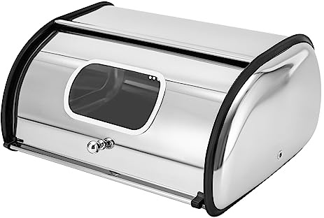 POTYYH Boîte à pain en acier inoxydable avec fenêtre transparente et couvercle à roulettes pour cuisine, boulangerie, salle à manger et café, argent, 34 x 23 x 14,5 cm