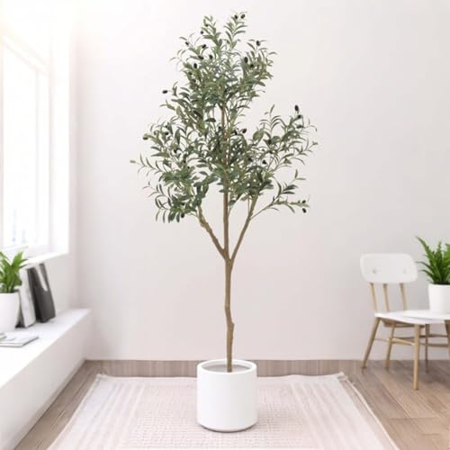 Artificielle Interieur Haute 180cm Fausse Plante Exterieur Avec Pot Faux Olivier Artificiel Plante Arbre Artificiel Avec Fruits En Plastique Et Tronc En Bois Naturel, Pour Le Bureau, La Chambre À Couc