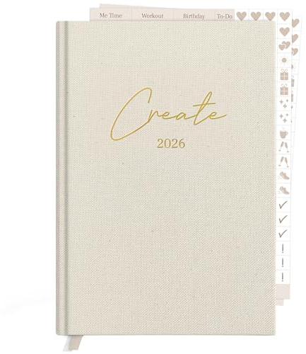KIND OF HAZEL® Terminplaner 2026 Organizer A5 Hardcover mit Goldfolienprägung & 2 Stickerbögen | Kalender Wochenplaner Monatsplaner Tagebuch Journal für Erwachsene Creme