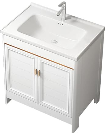 TYMYW Waschtisch mit Unterschrank und Waschbecken Waschbeckenschrank mit Keramik Waschbecken mit Füßen mit Puffer Scharnier,Weiß,70Cm