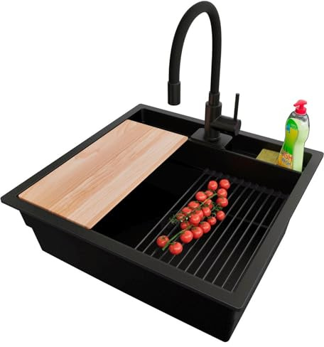 PRIMAGRAN Evier Cuisine en Granit au Meuble 60cm + Robinet, 56x54cm | Set: Robinet BW6020 + Kit de Vidage (Siphon, bonde d’évacuation, trop-plein) + Lavabo 1 Bac - Bergen Double, Tout Noir