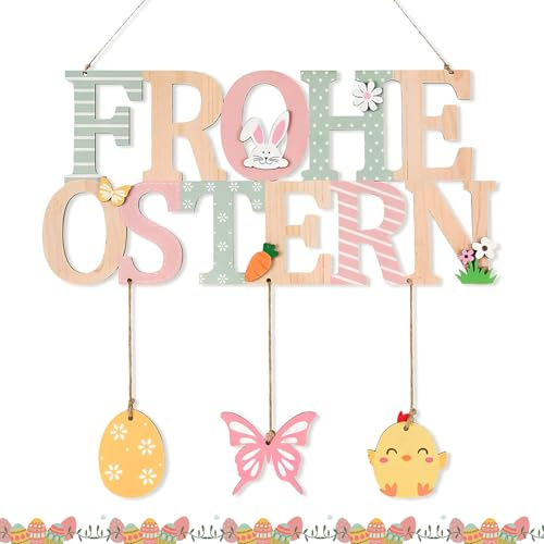 Türschild Frohe Ostern, Oster Türdeko mit Osterhase Ostereier | Holz Dekoschild für Ostern, Türschilder Willkommen Osterdeko, Holzschild Oster zum Aufhängen für Haustür, Fenster & Wand