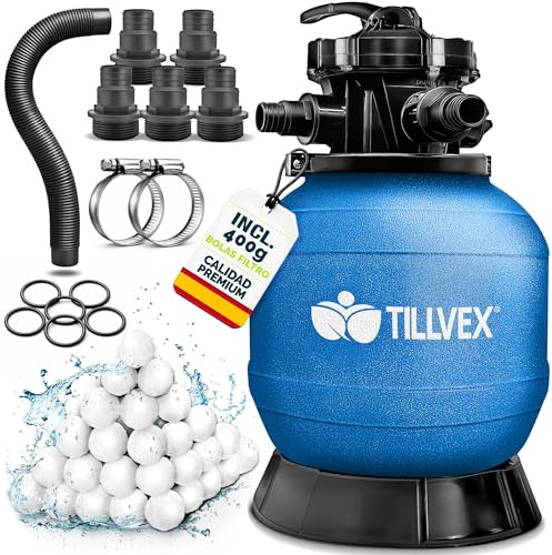 tillvex® Sandfilter Pool ohne Pumpe + Filterbälle | Filterkessel Poolfilter inkl. Adapter Ø32-38mm | Sandfilterkessel + 7-Wege-Ventil, Manometer & Saugschlauch (Blau, Bis 21 m³ (21.000 Liter) Pools)