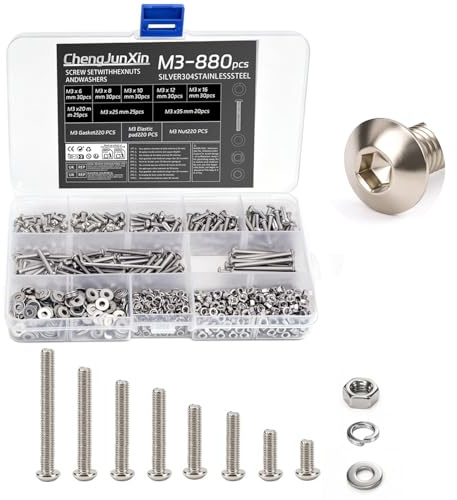 Juego de 880 tornillos M3 – Juego de tornillos hexagonales de cabeza semicircular y tuercas M3 con arandelas de seguridad, arandelas y arandelas.