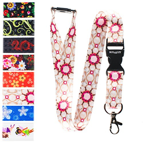 RolSeley Courroie de Cou de Lanière Luxueuse avec Motif Perle Rubis et Diamant - Tour de Cou porte Badge avec Clip Métal Amovible et Clip de Sécurité Idéale Pour Les Clés de Badge D'identification