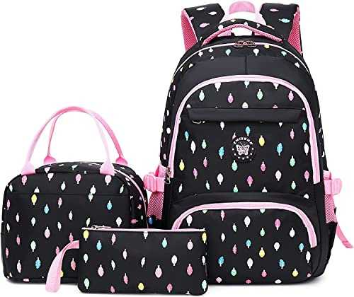IvyH Schulrucksack Rucksack Mädchen, Schultaschen 3 Teile Set Schulranzen mit Lunch-Taschen Federmäppchen Freizeitrucksack Wasserdichter für Kinder/Grundschüler/Schüler der Mittelstufe/Teens(Schwarz)