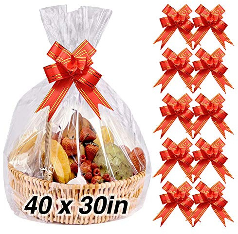 AOBETAK Bolsas de celofán transparente para cestas con lazo, 10 unidades de papel de celofán extra grande y 10 lazos para regalos, cestas de Navidad, arte y manualidades, ropa de muñecas, 100 x 70 cm