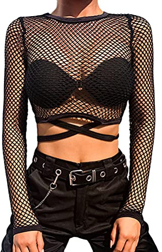 ORANDESIGNE Malla GóTica De Manga Larga Tops De Rejilla Blusas Ropa De Mujer Moda SóLido Malla Ver A TravéS De Goth Manga Larga De Red De Pesca Tops Camiseta para Mujer Verano C Negro XS
