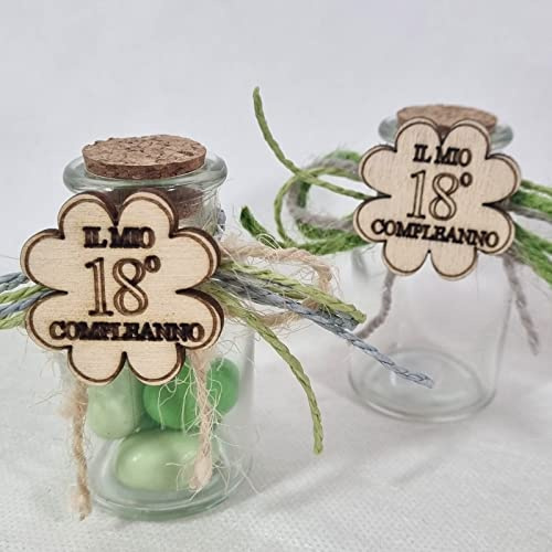 Sindy Bomboniere Vasetto Vetro 18 Anni Bottiglie con Tappo di Sughero Decorati con Cordoncini e Tag Legno, 24 Vasetti, 4,5x8,5 cm, Festivo Shabby Chic