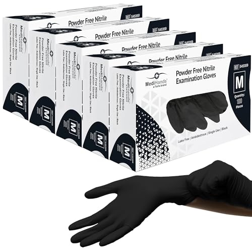 Farla Medical MediHands Disposable Medium Nitrile Gloves - Powder Free and Latex Free Surgical Gloves - Multi-Purpose, Single Use Medical Gloves - Box of 500, Black