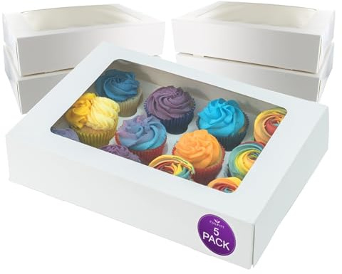 Culpitt 12 Hole Cupcake Boxes With Window | 5 Pack | Food Safe, White | Professional Quality, Food-Safe Boxes. Features Clear Window, Sturdy Card, And Removable Insert For 12 Cupcakes.