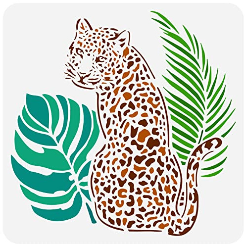 FINGERINSPIRE Leoparden Schablone 30x30 cm Wiederverwendbar Tropischer Leopard Malschablone DIY Kunst Tropisches Blatt Zeichnungsvorlage Pflanzen Tier Schablone Malerei Auf Holz Wand Und Möbel