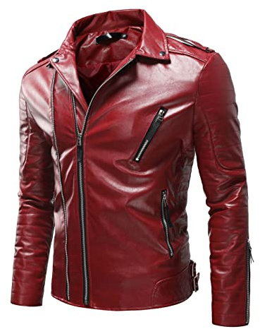 liaddkv Men's Jacket Leather Jacket Black Transition Top Casual Motorcycle Pilot Zip Casual Classic PU Leather Coats Slim Fit Leather Jacket Leisure Vest Men Suit Jacket, red, XXL