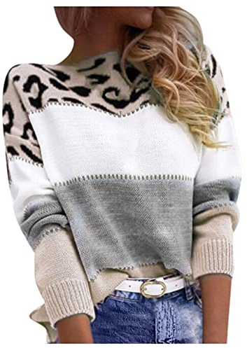 Cocila Women's Crew Neck Oversize Sweater Ladies Autumn and Winter Tops, Casual Fashion Leopard Print Color Long-Sleeved Sweater Pullover Loose Top Ladies Sweatshirts Pullover