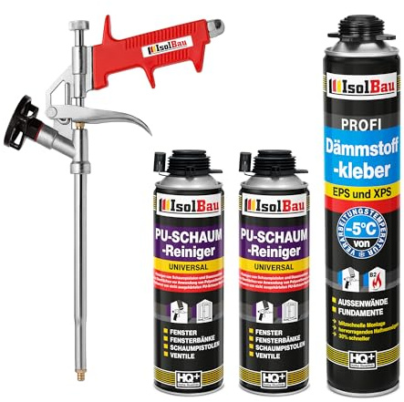 Isolbau Kit de colle isolante B2 – 1 x 750 ml de colle périmétrique, 2 x nettoyant en mousse polyuréthane et 1 x pistolet à mousse pour panneaux EPS et XPS – Mousse adhésive en polyuréthane 1K pour