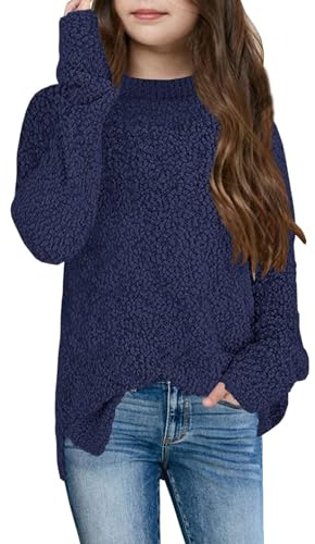 Imily Bela Suéter de forro polar para niños y niñas, cuello redondo, suéter de punto difuso cálido para invierno, azul marino, 140/150 cm