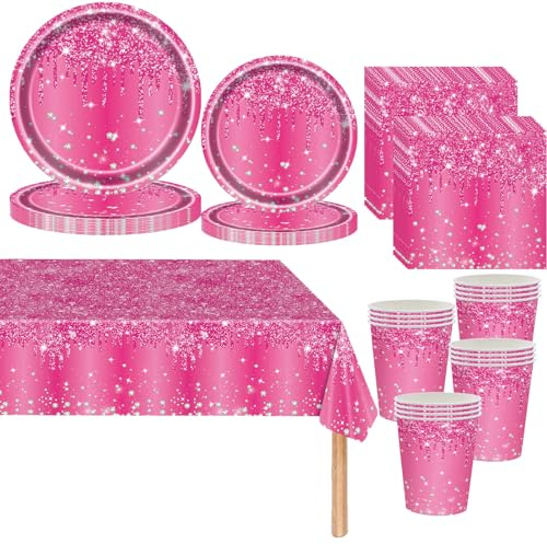 Rosenrot Partygeschirr,81 Stück Rosenrot Diamant Pappteller Set Pappteller, Pappbecher,Servietten und Tischdecke,Bling leuchtendes Rosa Geburtstag Party Geschirr,Tischdekoration für Hochzeitsfeiern