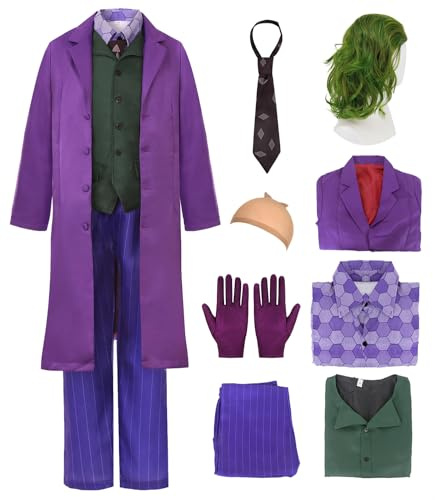 Clown Kostüm für Kinder Jungen Halloween Clown Kostüm Deluxe Anzug Mantel Cosplay Outfit mit Grün Clown Perücke und Haarnets für Kind 4-15 Jahre UX004L