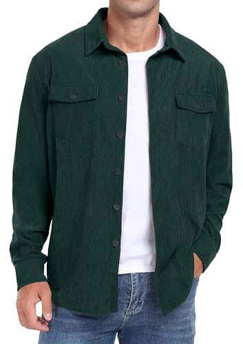 QIXING Casual skjortjacka för män, långärmad fritidsskjorta för män, jacka, normal passform, button down-skjorta med klaffficka, Mörkgrön, XL