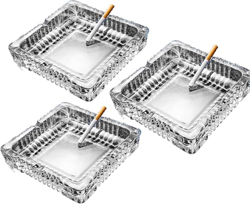 SIDSONS Glass Ashtray Square Cigarettes Cigars Crystal Cut Effect Transparent Ash Tray Glass Indoor Outdoor Home Office Tabletop Restaurant Pub Garden 15cm x 15cm 4cm Height (Medium - Pack 3)