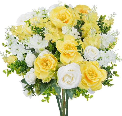 Zythrem Artificial Flowers Silk Peonies Bouquets Yellow Fake Peony Artificial Rose Flowers Hyacinth Realistic Faux Spring Flowers for Wedding Home Table Centerpieces Flora Arrangement Indoor Outdoor