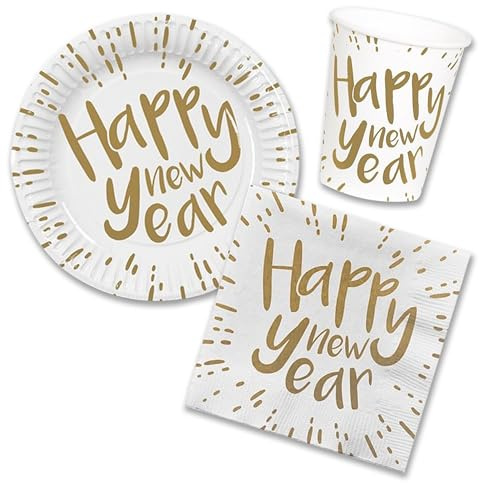 Decoraparty Juego de vajilla de Año Nuevo para 10 personas, adornos decorativos Happy New Year desechables, de color dorado, de mesa elegante, 10 platos, 10 vasos y 20 servilletas, para fiesta de