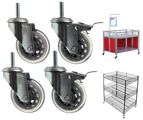 DYPJHEO 3/75mm, Warenkorbrollen Schwenkrollen 200kg Lenkrollen Räder mit Bremse, Ersatzrollen für Trolleys Möbel, Transparente Schwerlastrollen Aus Gummi, M8/M10/M12, 4 Stück(Brake (x2),M8x30mm)