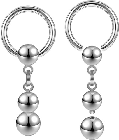 AccGin Earring Adjustable Load Ring PA Piercing Jewelry 316L Surgical Steel 14G 12G Nipple Rings for Men Women 2Pc Silver