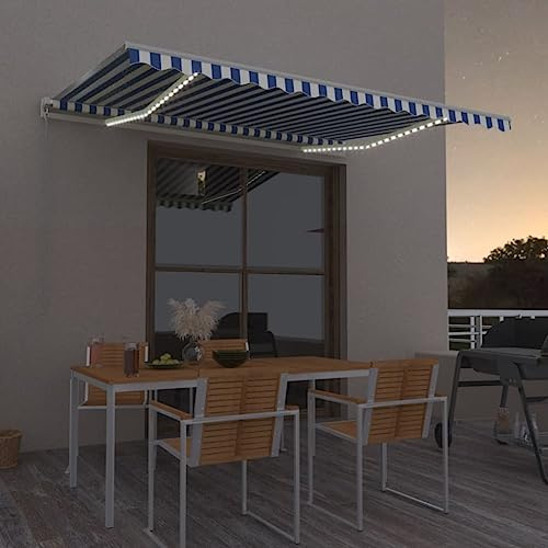 IKAYAA Tenda da Sole 400x300 Tenda da Sole Retrattile Manuale con LED con Manovella Tenda a Braccio per Esterno Terrazza Balcone -Blu e bianco-400 x 300 cm