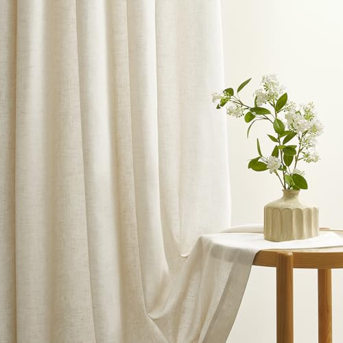 Topfinel Vorhänge Wohnzimmer Modern, Leinenoptik Gardinen mit Ösen Beige 2er Set H 245 x B 140 cm Vorhang Leinen Baumwolle Gardinen Schlafzimmer Halbtransparent Curtains Living Room Boho Ösenvorhang