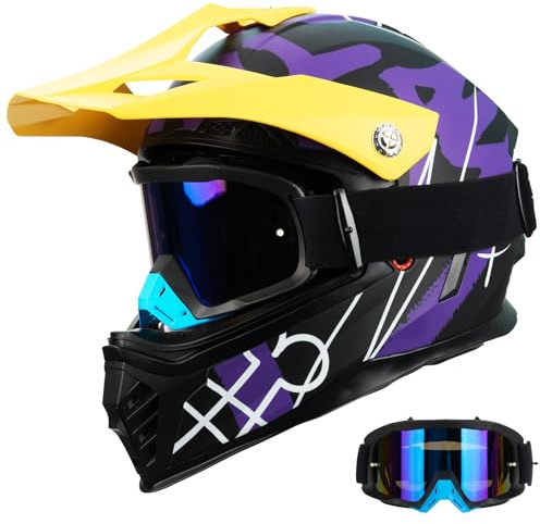 Favoto Dirt Bike Helmet Kids - Full Face, ECE Certified, with Visor & Sun Peak, Motocross & BMX, Boys & Girls Youth, Lightweight ABS/EPS, Removable Liner, Purple/Yellow M (51–52 cm)
